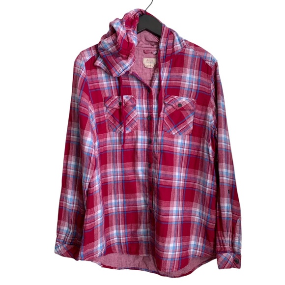 Boston Traders Women's Flannel Hoodie Size Large Button Down Red Blue Plaid - Picture 1 of 4